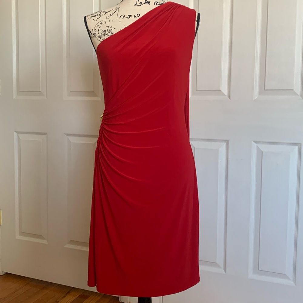Ralph Lauren One-Shoulder Gathered Red Cocktail Dress